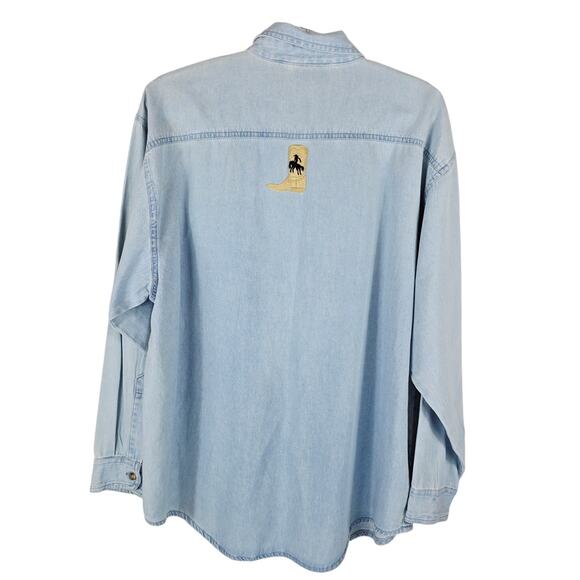 Get Lucky Boots Horse Shoes Novelty Denim Feminine Country Western Shirt L - Picture 4 of 6